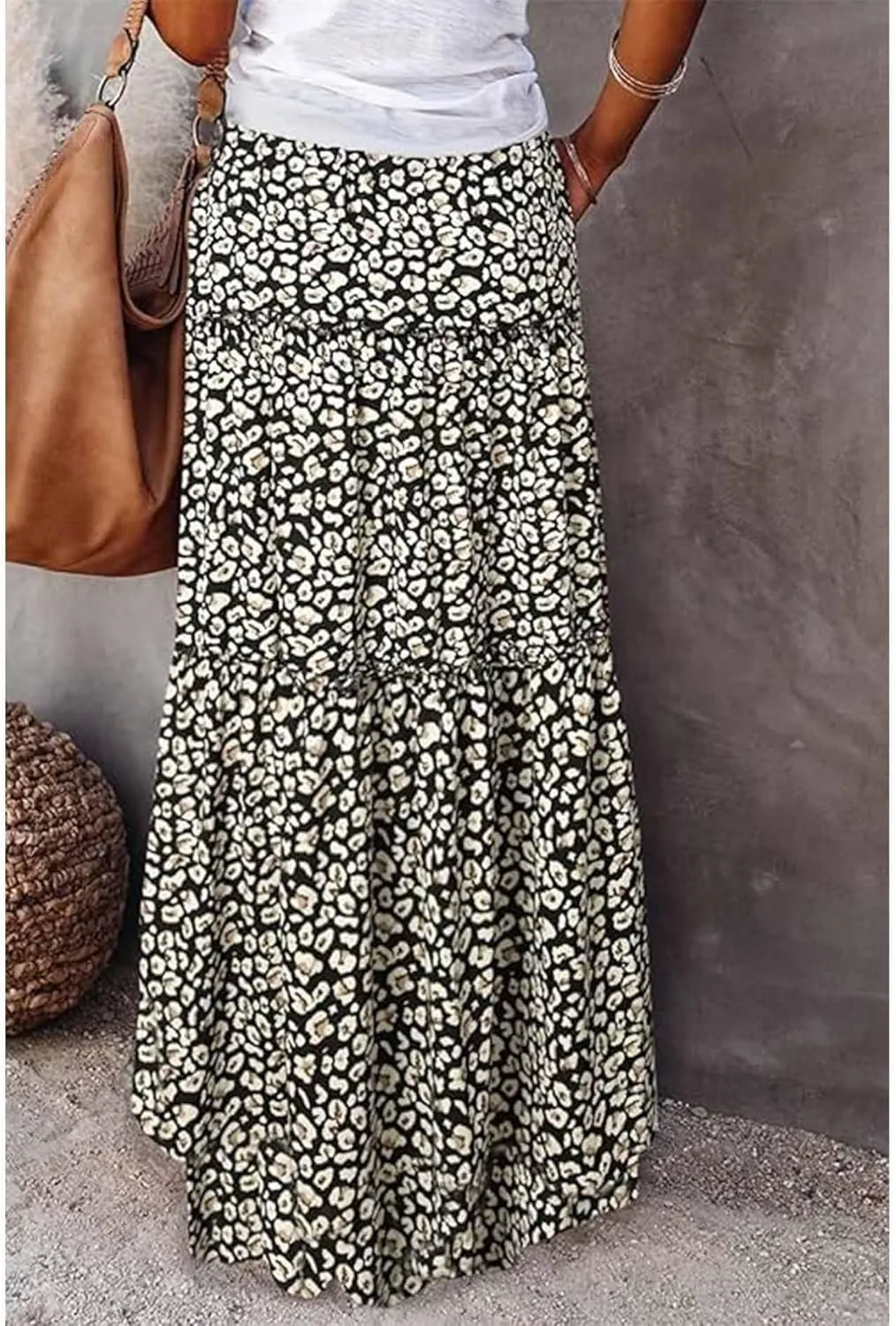 Womens Boho Maxi Skirts Summer Floral Print Elastic High Waisted Skorts Casual Flowy Tiered Ruffle Hem Long Skirts