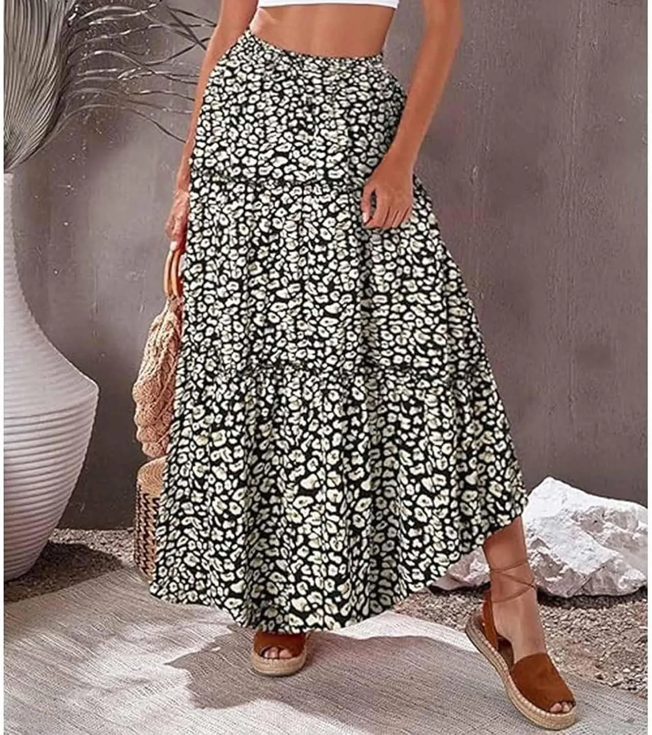 Womens Boho Maxi Skirts Summer Floral Print Elastic High Waisted Skorts Casual Flowy Tiered Ruffle Hem Long Skirts