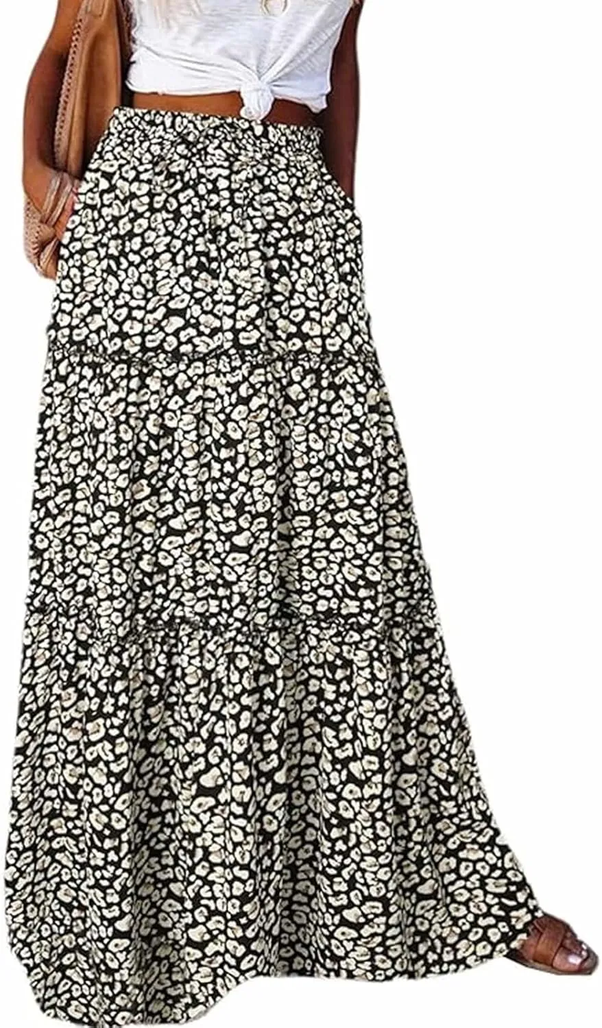 Womens Boho Maxi Skirts Summer Floral Print Elastic High Waisted Skorts Casual Flowy Tiered Ruffle Hem Long Skirts