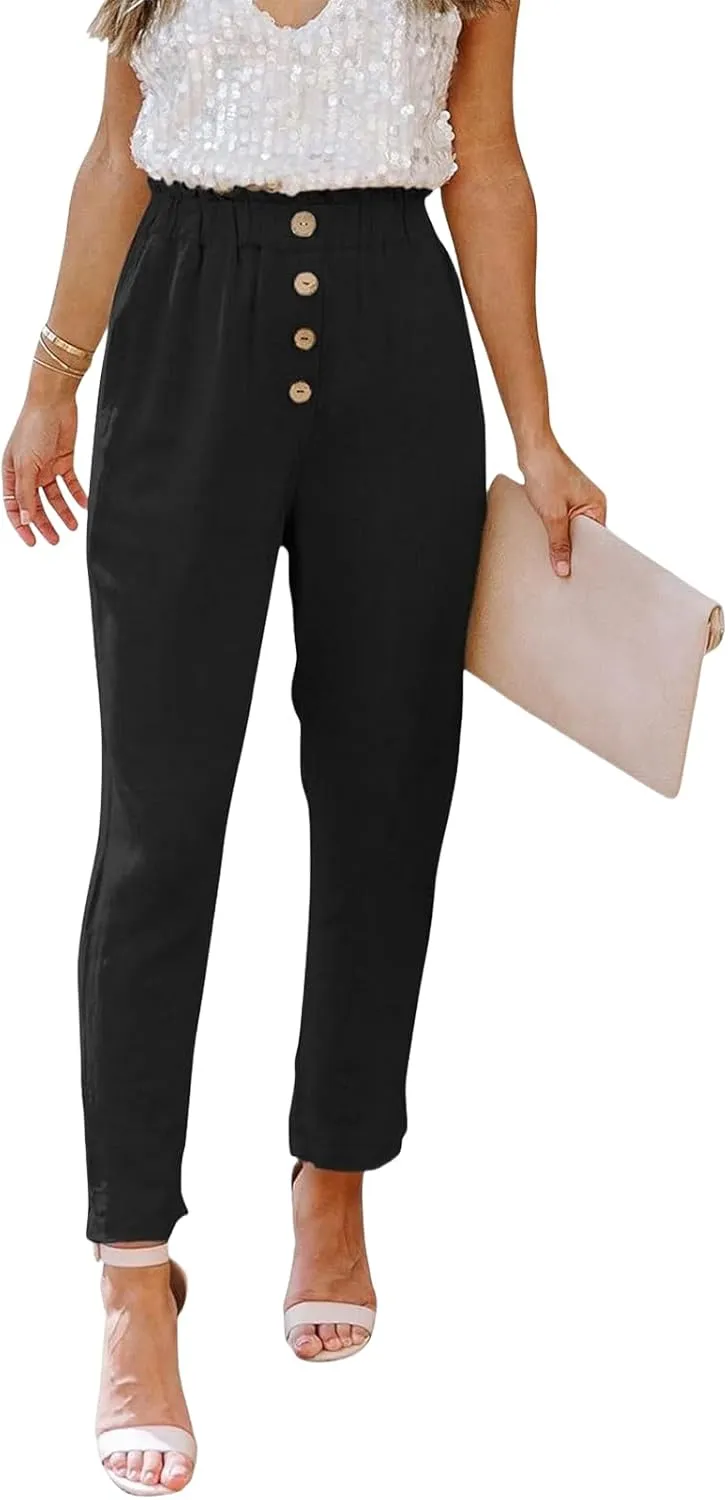Womens Casual Pants Summer Dressy Business High Waist Paperbag Cropped Pants Work Slim Tapered Trousers