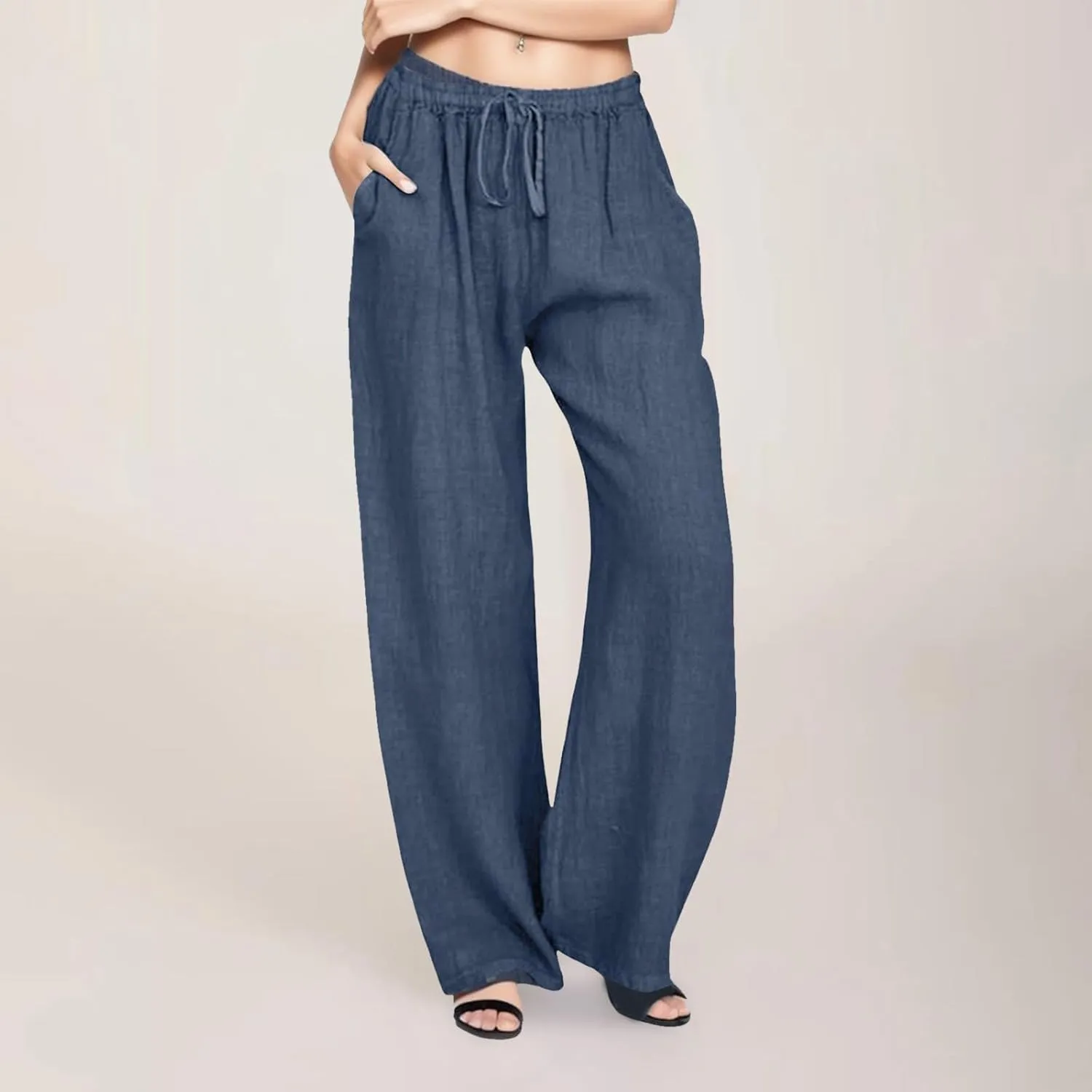 Women's Cotton Linen Palazzo Pants Summer Flowy Casual Wide Leg Drawstring Pants High Waist Loose Comfy Beach 2025 Trousers