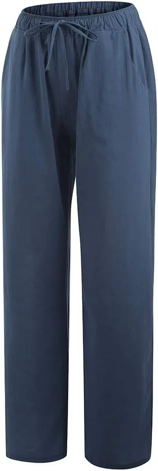 Women's Cotton Linen Palazzo Pants Summer Flowy Casual Wide Leg Drawstring Pants High Waist Loose Comfy Beach 2025 Trousers