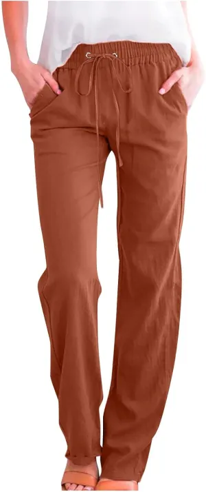Womens Cotton Linen Pants Straight Leg Lounge Trousers High Waisted Casual Relaxed Fit Long Pant with Pocket