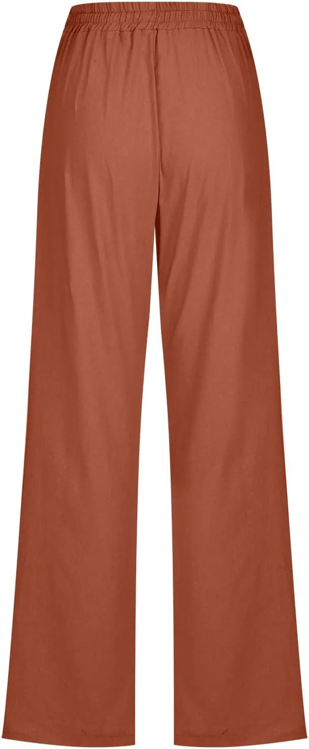 Womens Cotton Linen Pants Straight Leg Lounge Trousers High Waisted Casual Relaxed Fit Long Pant with Pocket