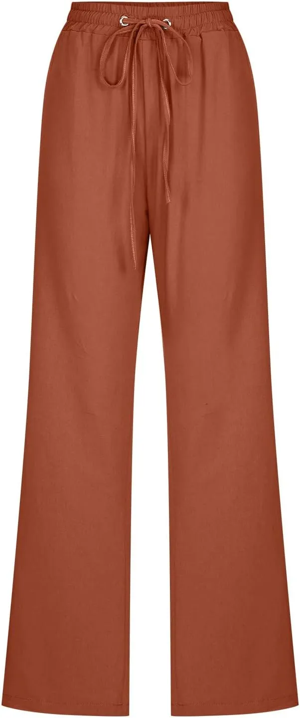 Womens Cotton Linen Pants Straight Leg Lounge Trousers High Waisted Casual Relaxed Fit Long Pant with Pocket
