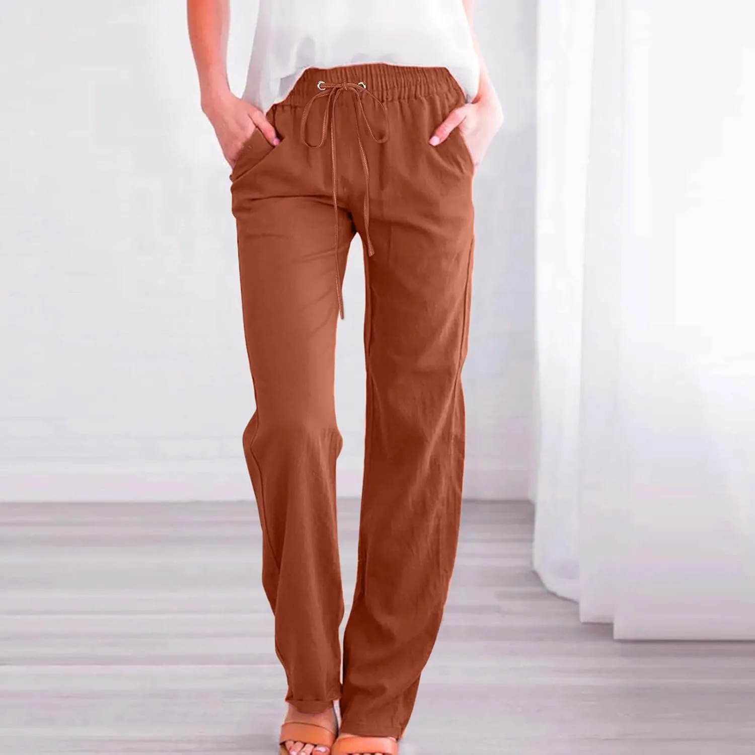Womens Cotton Linen Pants Straight Leg Lounge Trousers High Waisted Casual Relaxed Fit Long Pant with Pocket