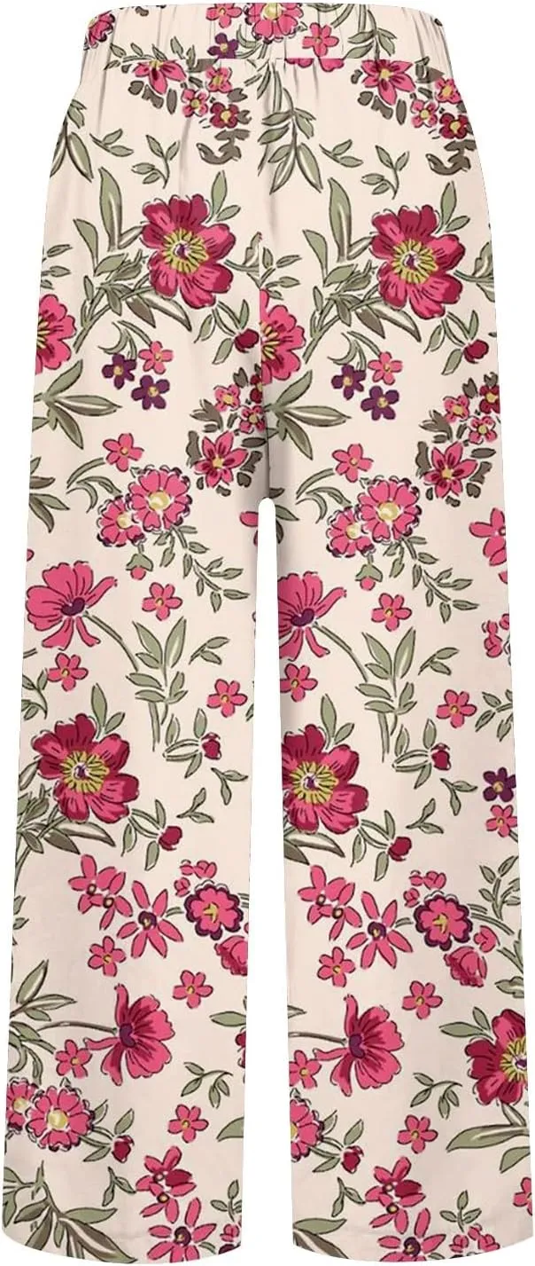 Womens Floral Cropped Linen Pants Summer Boho Elastic Waist Straight Leg Casual Beach Long Trousers with Pockets