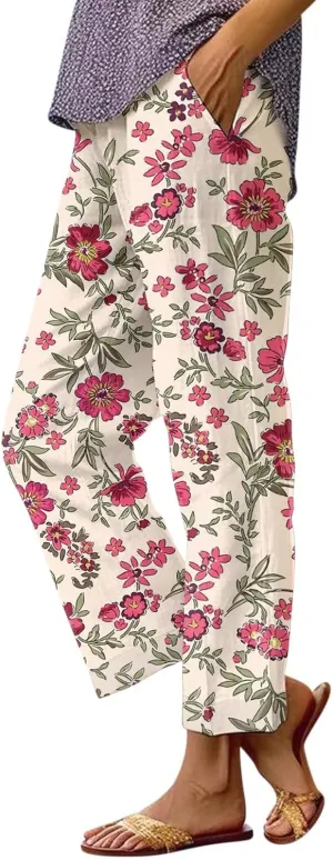 Womens Floral Cropped Linen Pants Summer Boho Elastic Waist Straight Leg Casual Beach Long Trousers with Pockets