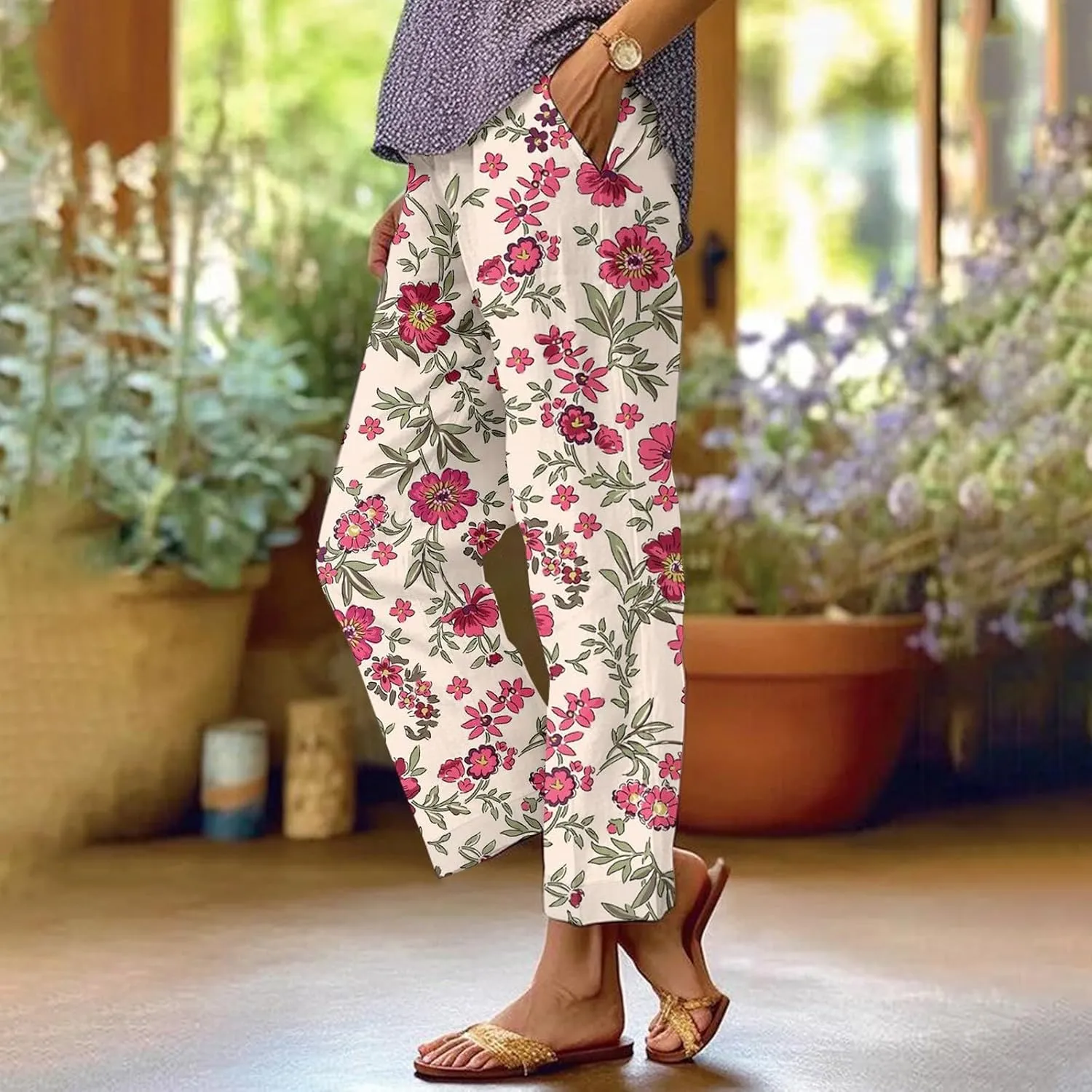 Womens Floral Cropped Linen Pants Summer Boho Elastic Waist Straight Leg Casual Beach Long Trousers with Pockets