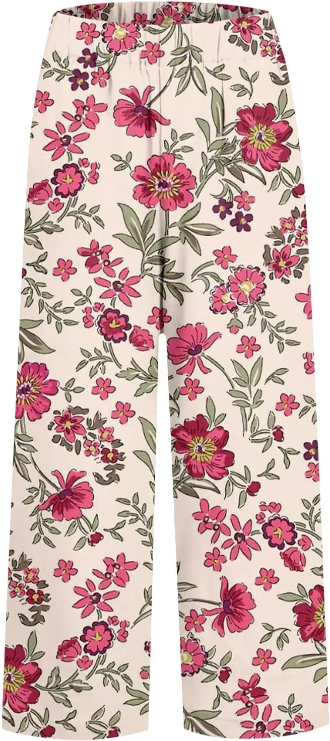 Womens Floral Cropped Linen Pants Summer Boho Elastic Waist Straight Leg Casual Beach Long Trousers with Pockets