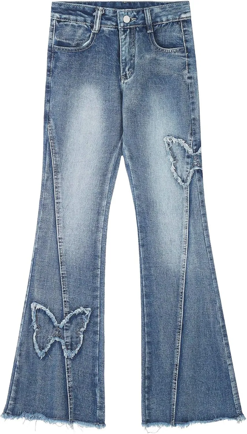 Womens Petite Flare Jeans Y2K Butterfly Low Rise Denim Pants Vintage Grunge Distressed Baggy Jeans