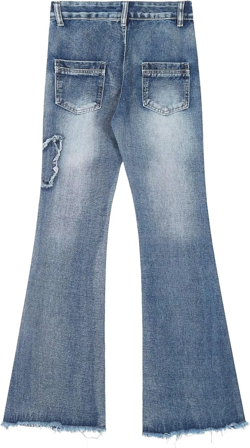 Womens Petite Flare Jeans Y2K Butterfly Low Rise Denim Pants Vintage Grunge Distressed Baggy Jeans