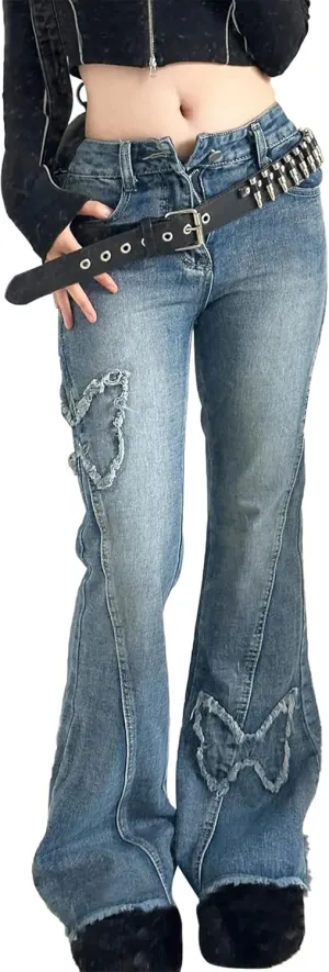 Womens Petite Flare Jeans Y2K Butterfly Low Rise Denim Pants Vintage Grunge Distressed Baggy Jeans