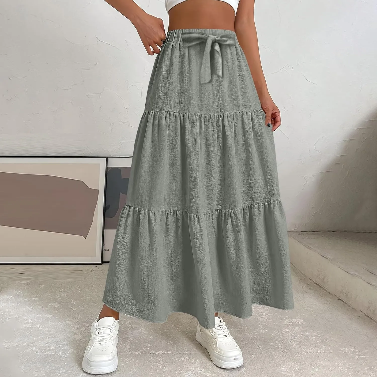 Women??s Summer Boho Skirts Fashion Elastic High Waisted Drawstring Ruffle Hem Maxi Skirts Flowy Tiered A Line Skort