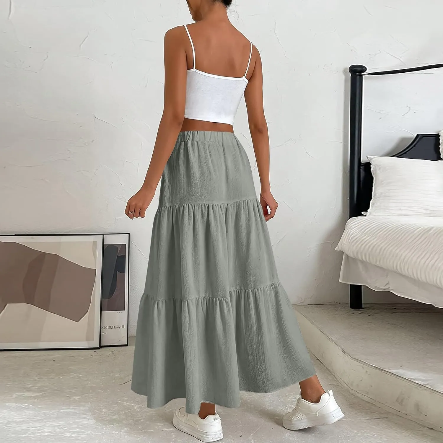 Women??s Summer Boho Skirts Fashion Elastic High Waisted Drawstring Ruffle Hem Maxi Skirts Flowy Tiered A Line Skort
