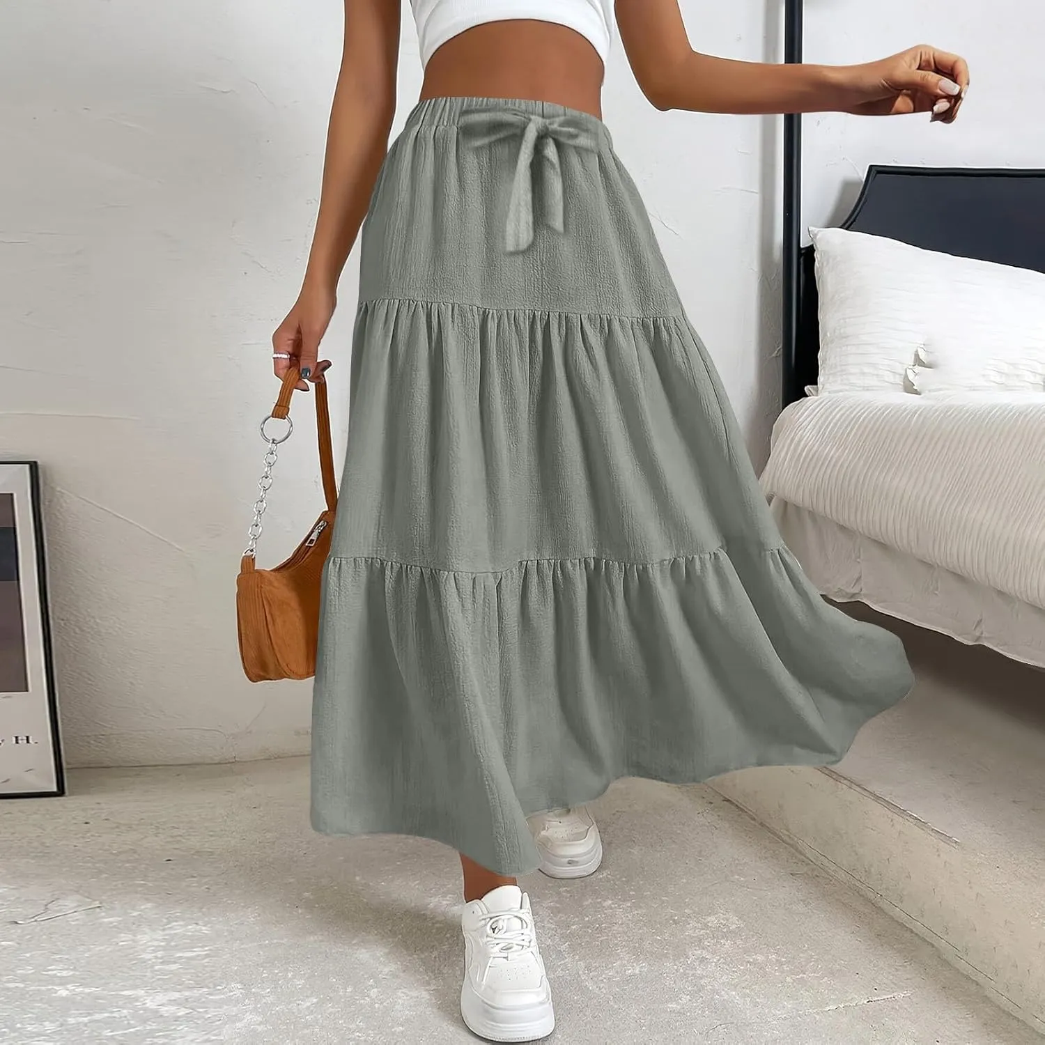 Women??s Summer Boho Skirts Fashion Elastic High Waisted Drawstring Ruffle Hem Maxi Skirts Flowy Tiered A Line Skort