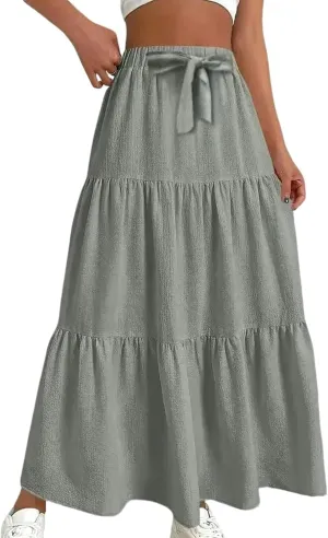 Women??s Summer Boho Skirts Fashion Elastic High Waisted Drawstring Ruffle Hem Maxi Skirts Flowy Tiered A Line Skort