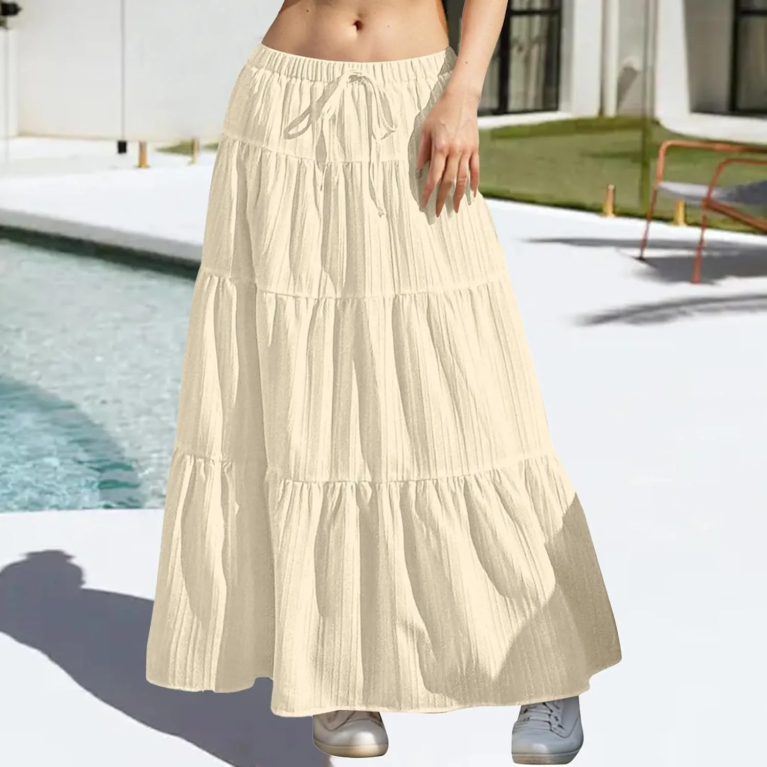 Women's Summer Casual Maxi Skirt Boho Flowy Swing Tiered A-Line Skirt 2025 Fashion Pleated Beach Long Skirts
