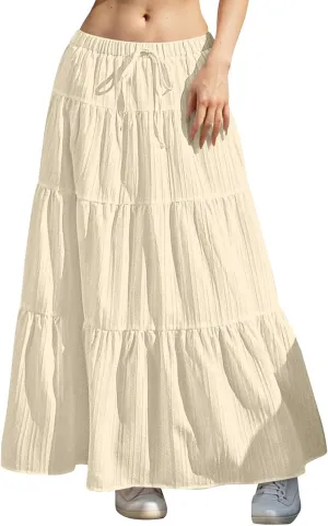 Women's Summer Casual Maxi Skirt Boho Flowy Swing Tiered A-Line Skirt 2025 Fashion Pleated Beach Long Skirts