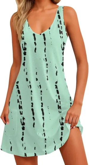 Womens Summer Dresses 2025 Beach Dress with Pocket Sleeveless V Neck Sundress Casual Vacation Swimsuit Coverup