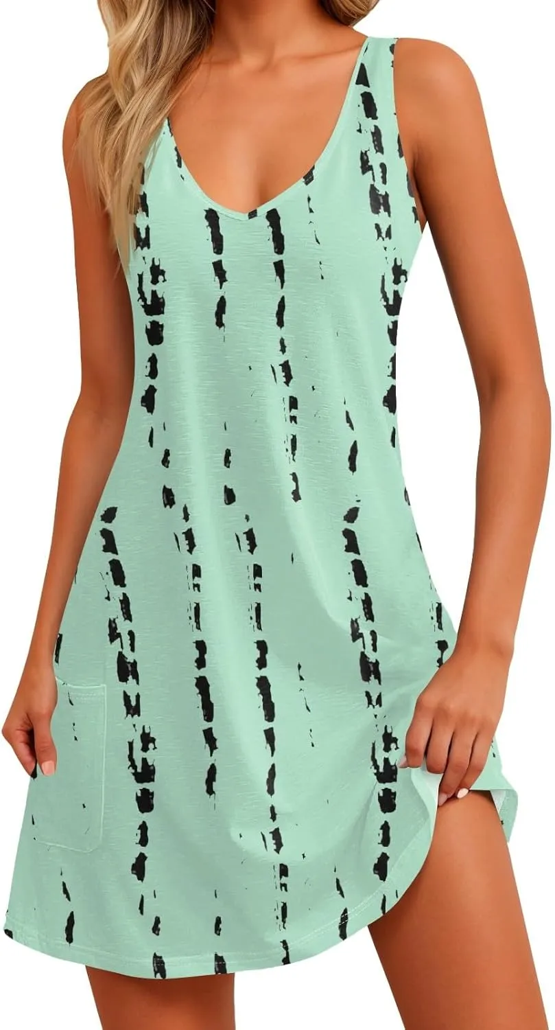 Womens Summer Dresses 2025 Beach Dress with Pocket Sleeveless V Neck Sundress Casual Vacation Swimsuit Coverup