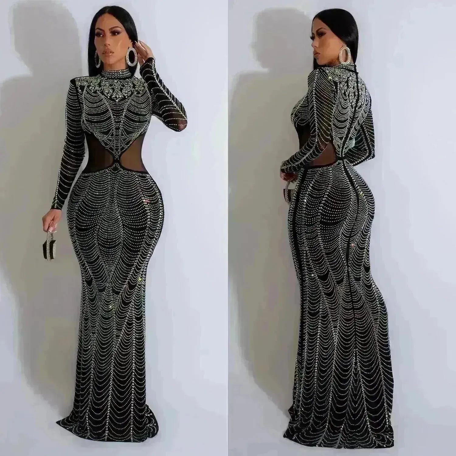 Women's Wear Pure Color Mesh Hot Drilling Dress