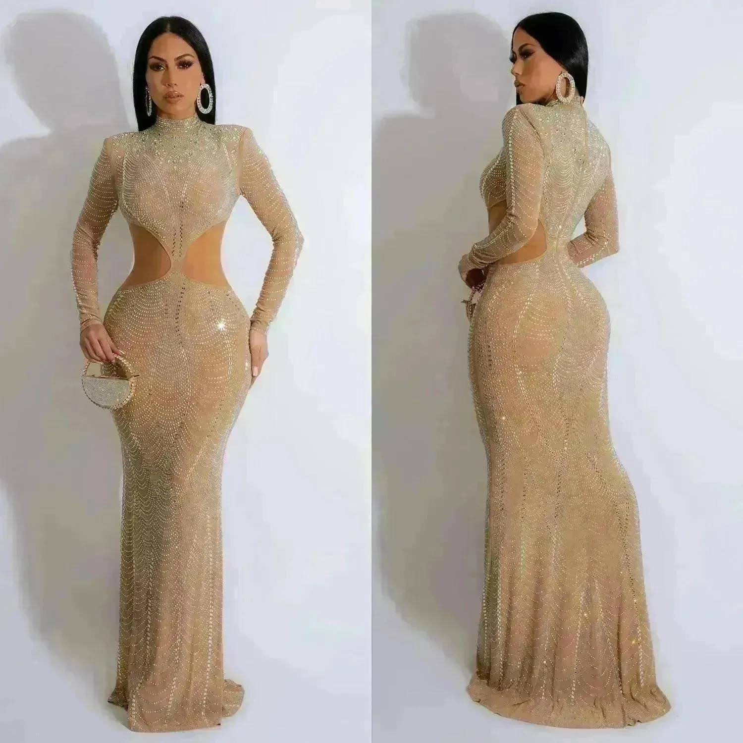 Women's Wear Pure Color Mesh Hot Drilling Dress
