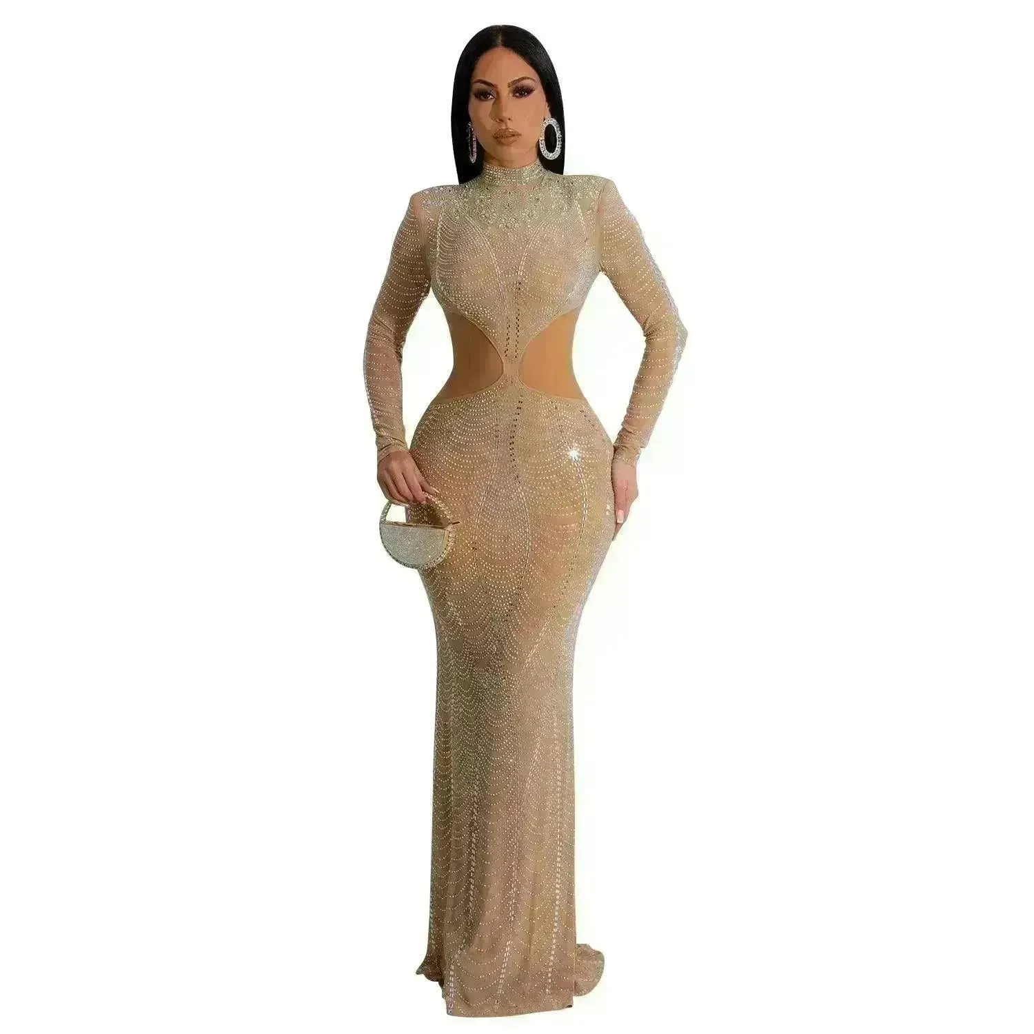 Women's Wear Pure Color Mesh Hot Drilling Dress