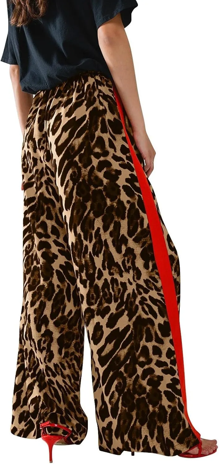 Women's Wide Leg Pants Leopard Print Color Block Trendy Pants Side Striped Loose Pant Drawstring High Waist Trousers