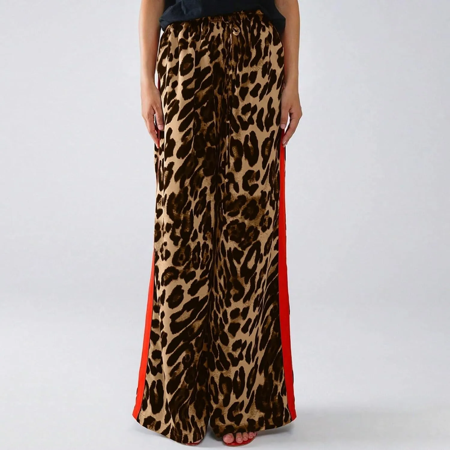 Women's Wide Leg Pants Leopard Print Color Block Trendy Pants Side Striped Loose Pant Drawstring High Waist Trousers