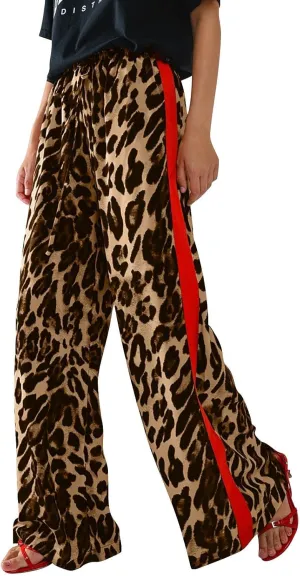 Women's Wide Leg Pants Leopard Print Color Block Trendy Pants Side Striped Loose Pant Drawstring High Waist Trousers
