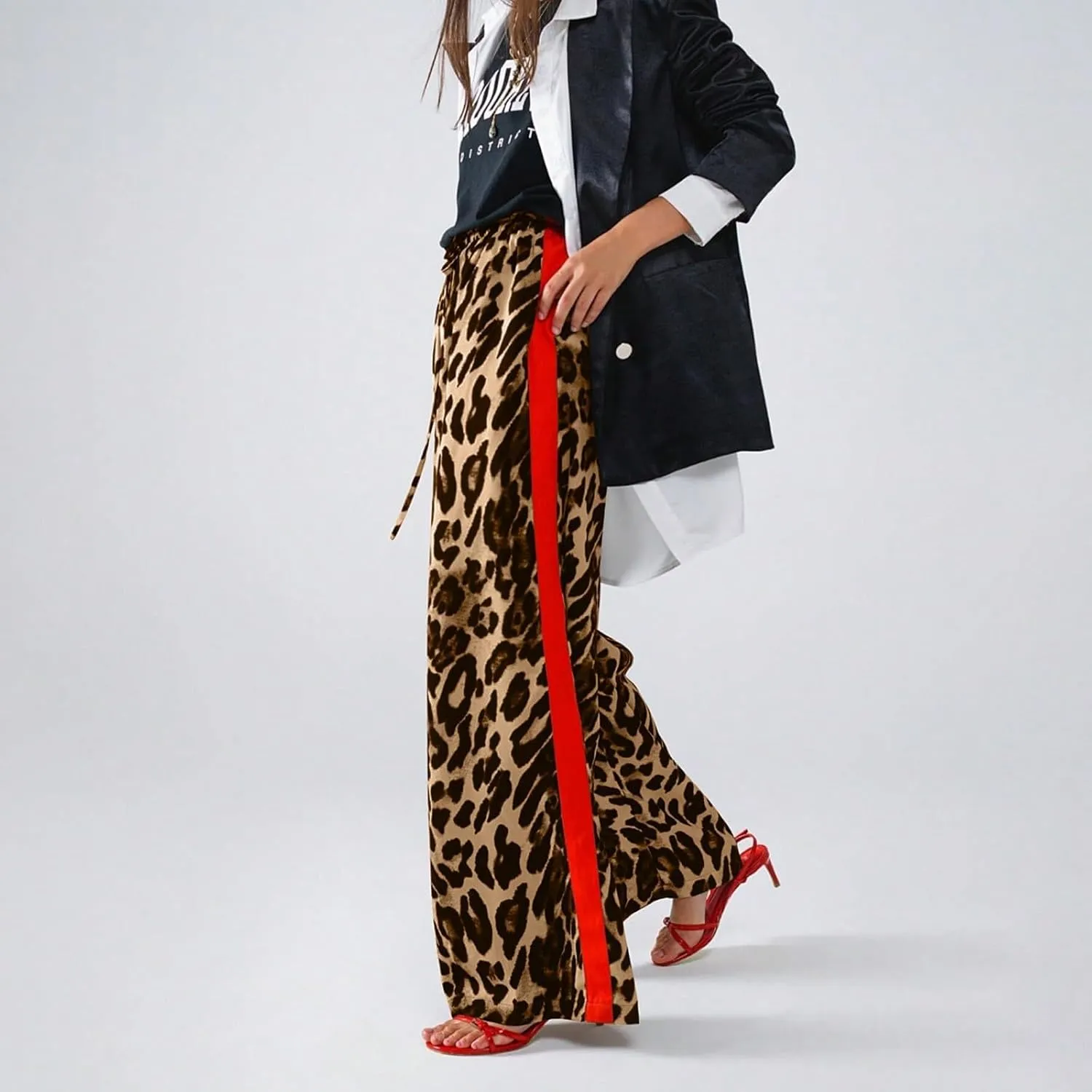 Women's Wide Leg Pants Leopard Print Color Block Trendy Pants Side Striped Loose Pant Drawstring High Waist Trousers