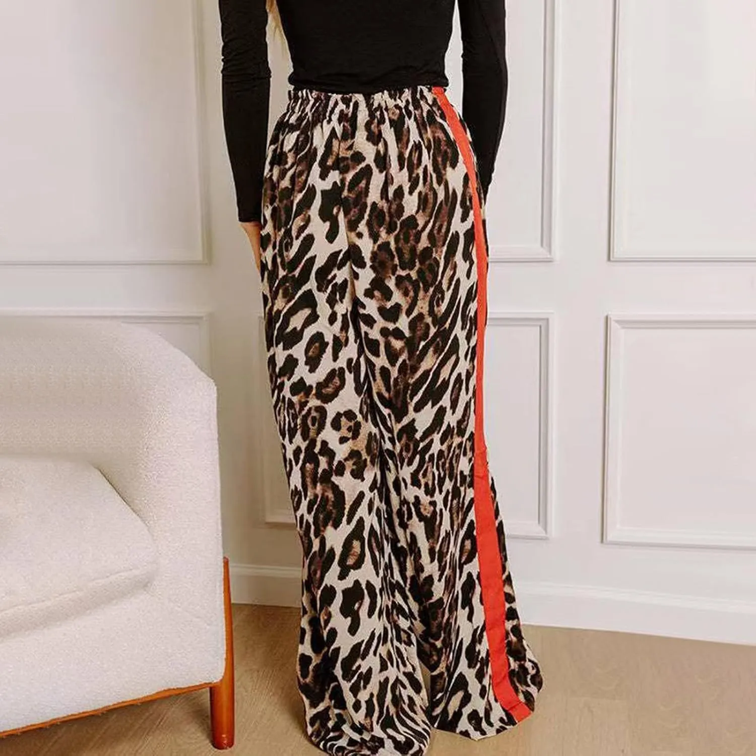 Women's Wide Leg Pants Leopard Print Color Block Trendy Pants Side Striped Loose Pant Drawstring High Waist Trousers