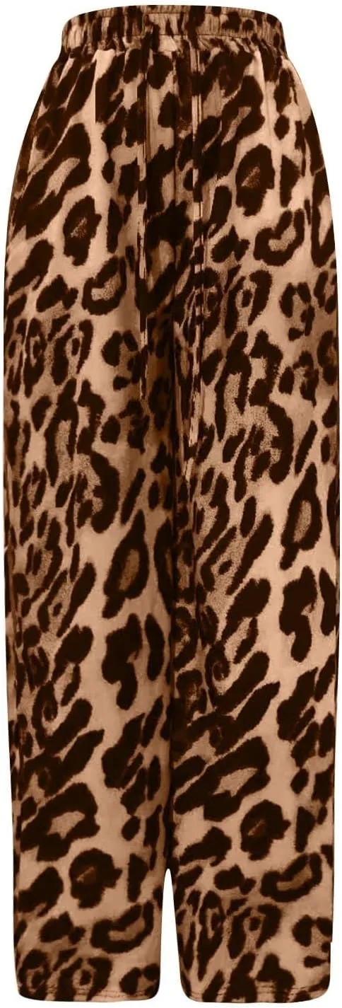 Women's Wide Leg Pants Leopard Print Color Block Trendy Pants Side Striped Loose Pant Drawstring High Waist Trousers
