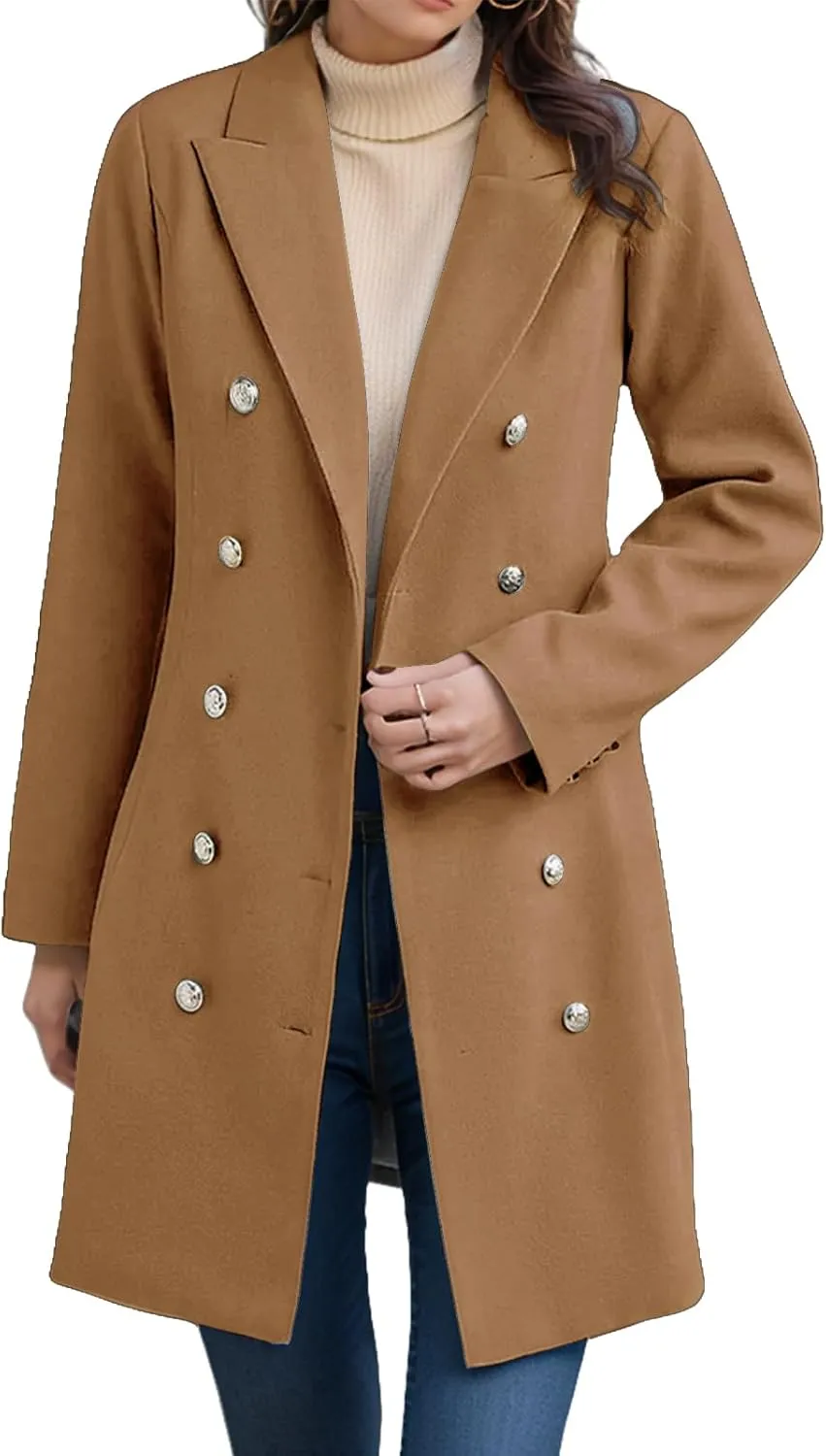 Wool Trench Coat Women Double Breasted Pea Coat Casual Long Sleeve Blazer Notch Collar Jacket Fall Winter Overcoat